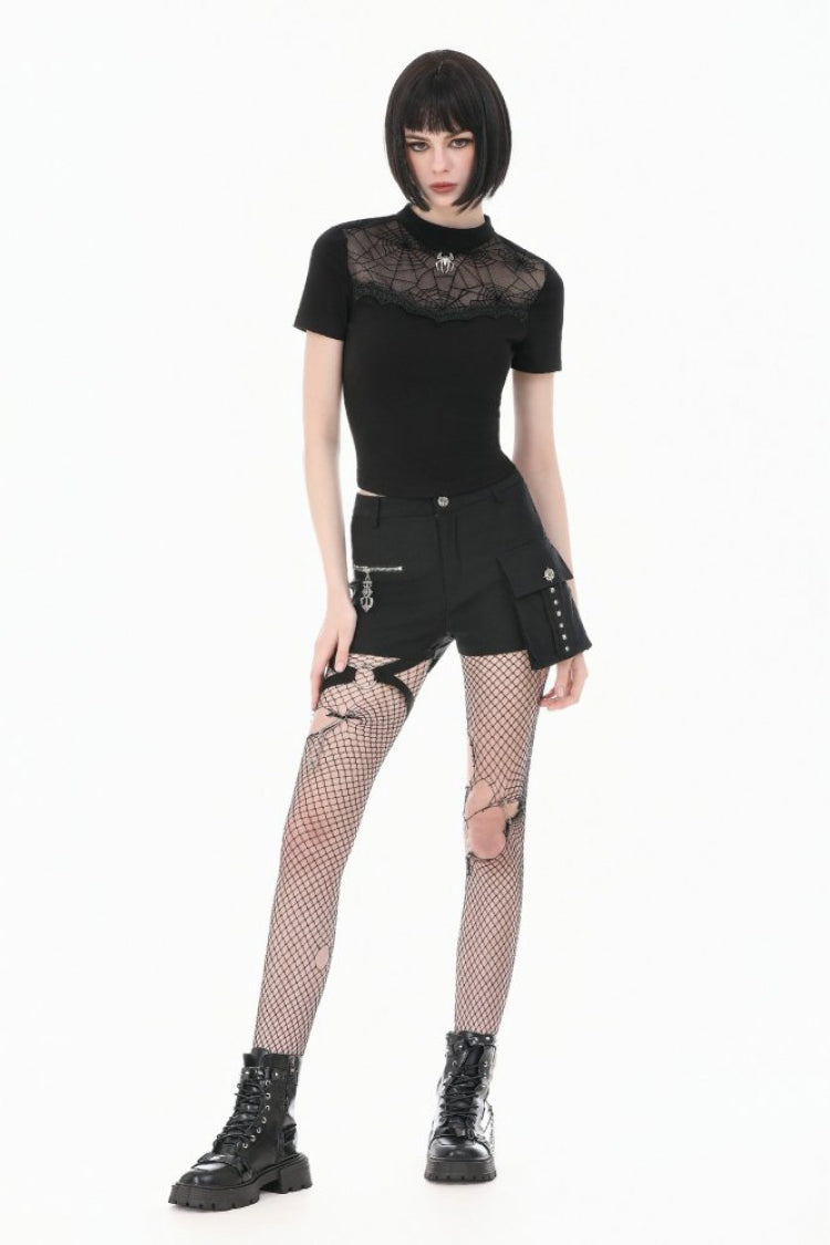 Black Short Sleeves Cut-Out Spider Cobweb Sheer Mesh Women's Gothic Top - Product - 10