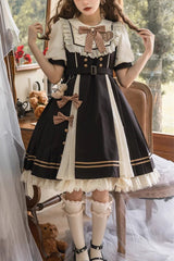 Black/White Chocolate Workshop Short Version Elegant Short Puff Sleeves Sweet Lolita Dress - Black/White - 1