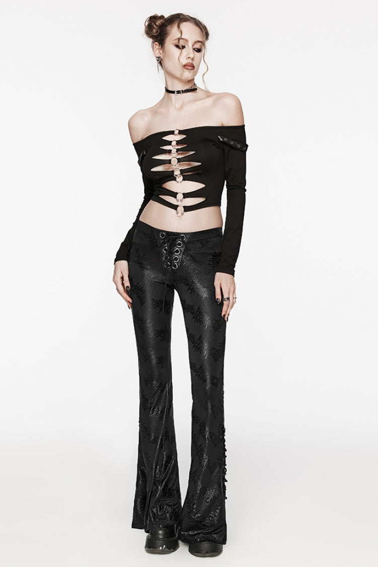 Low Waisted Thorns Print Lace-Up Women's Steampunk Flared Pants 2 Colors - Product - 4
