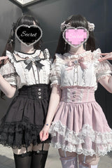 Jirai Kei Sweet Double-Layered Jacquard Ruffled Lace Japanese Skirt Set 2 Colors - Pink(Set) - 1