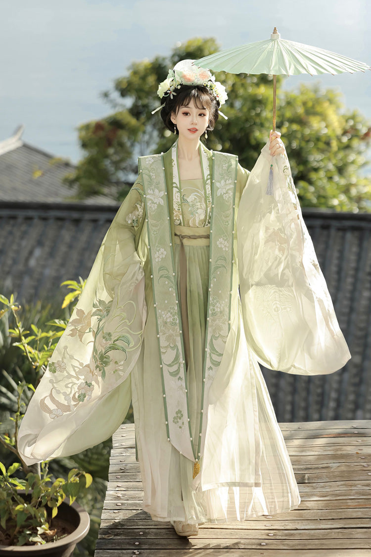 Green [Silent Spring Mountains] Song Dynasty Ruffle Elaborate Embroidery Sweet Chinese Style Hanfu Dress Full Set - Product - 7