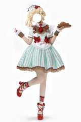 Green [Jenny's Chocolate] Short Sleeves Vertical Stripes Print Ruffle Bowknot Sweet Lolita Dress - Green - 1