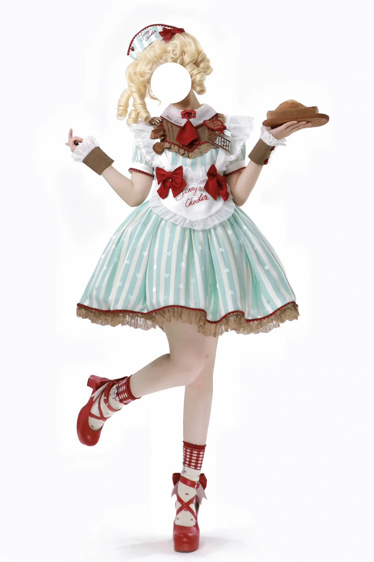 Green [Jenny's Chocolate] Short Sleeves Vertical Stripes Print Ruffle Bowknot Sweet Lolita Dress - Green - 1