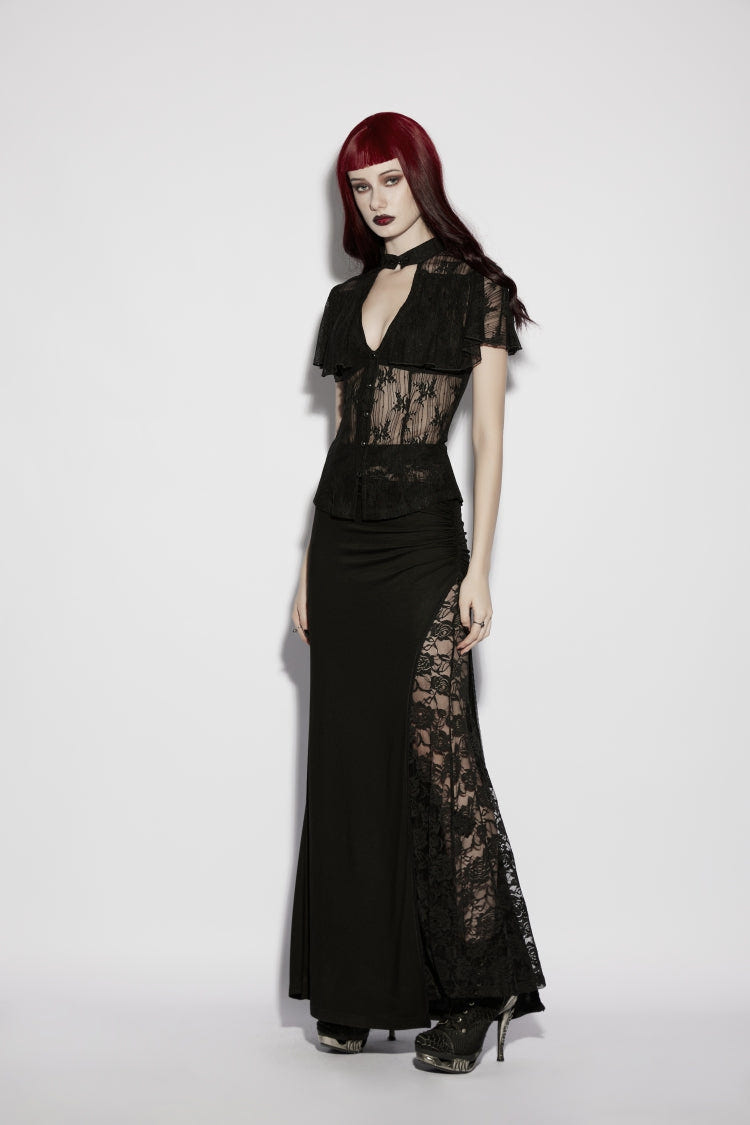 Black Short Sleeves Cut-Out Lace Lace-Up Slim Fit Women's Gothic Cool Cosplay Blouse - Product - 4