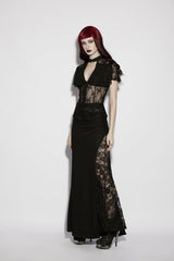 Black Short Sleeves Cut-Out Lace Lace-Up Slim Fit Women's Gothic Cool Cosplay Blouse - Product - 4