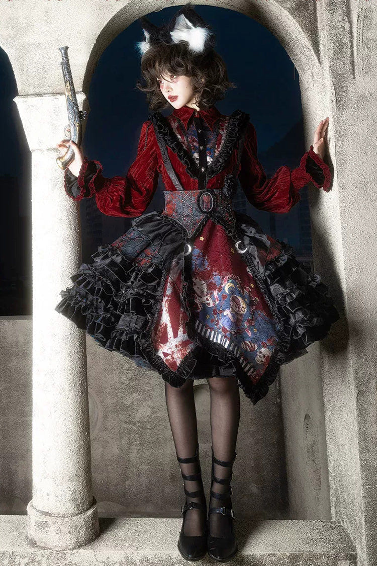 [Werewolf] Fairy Tale Lapel Collar Long Sleeves Printed Ruffled Open-Front Lace Heavy-Detailed Gothic Lolita Skirt Set (Red, Grey, Purple) - Product - 17