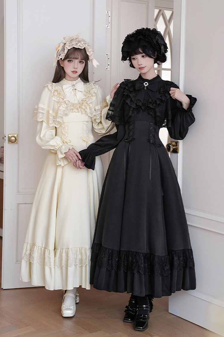 [Letters & Poems · Day and Night] スタンドカラー 長袖 フリル リボン レースアップ ゴシックロリータ ワンピース 2色 商品画像