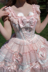 Pink [Heart Bear] Square Collar Flutter Sleeves Jacquard Ruffled Bow Lace Sweet Lolita Jsk Dress - Product - 3