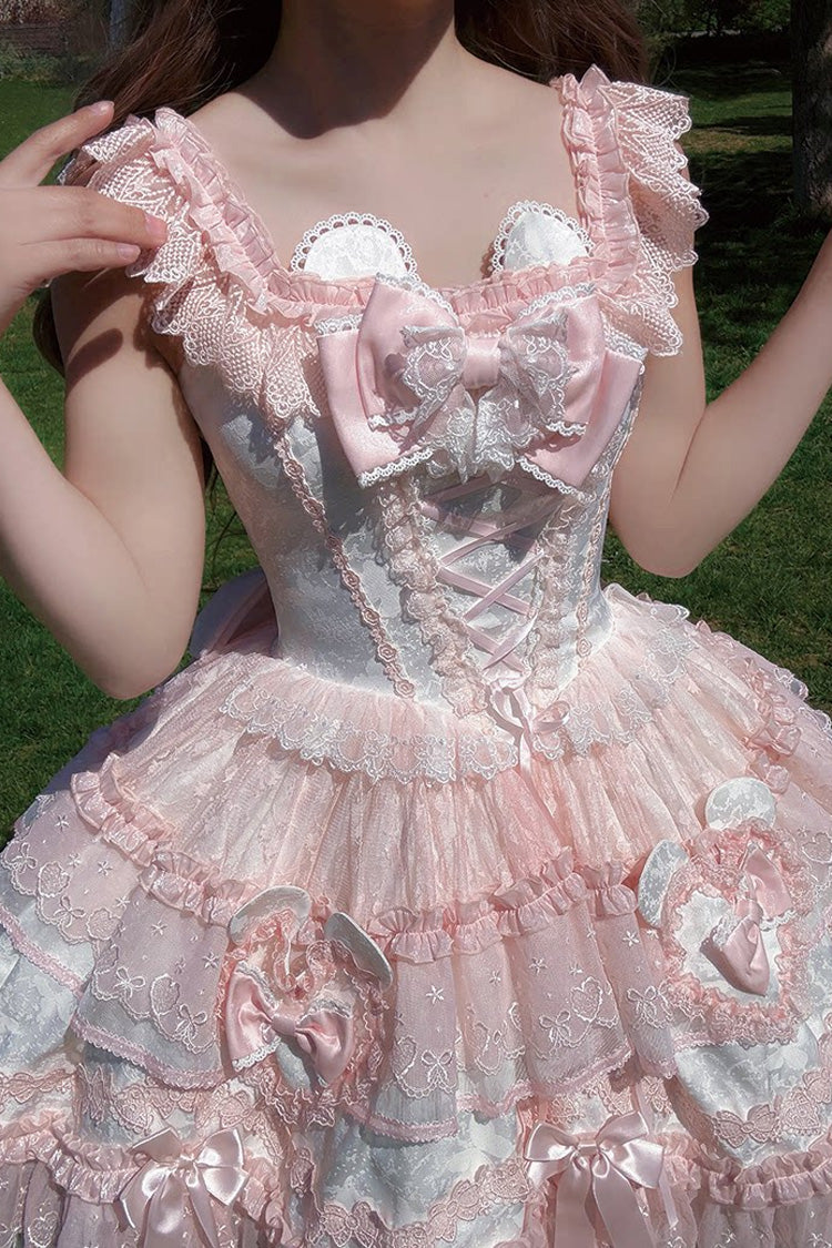 Pink [Heart Bear] Square Collar Flutter Sleeves Jacquard Ruffled Bow Lace Sweet Lolita Jsk Dress - Product - 3