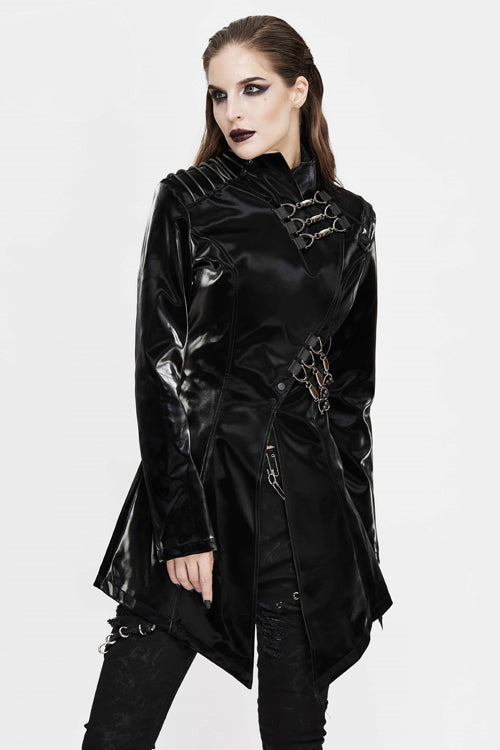 Black High Collar Slim Leather Womens Punk Coat - Product - 4