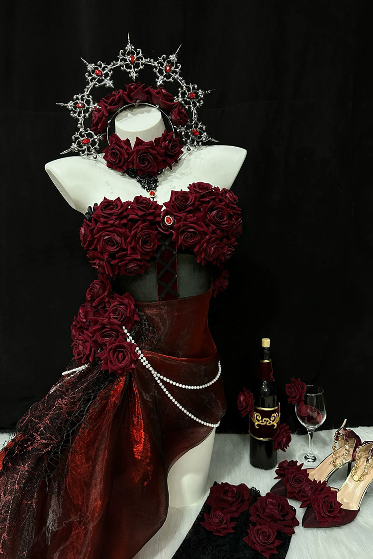Red [Madame Red] Rose Off Shoulder Sleeveless Jacquard Pearl Detail Gothic Lolita Dress - Product - 2