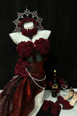 Red [Madame Red] Rose Off Shoulder Sleeveless Jacquard Pearl Detail Gothic Lolita Dress - Product - 2