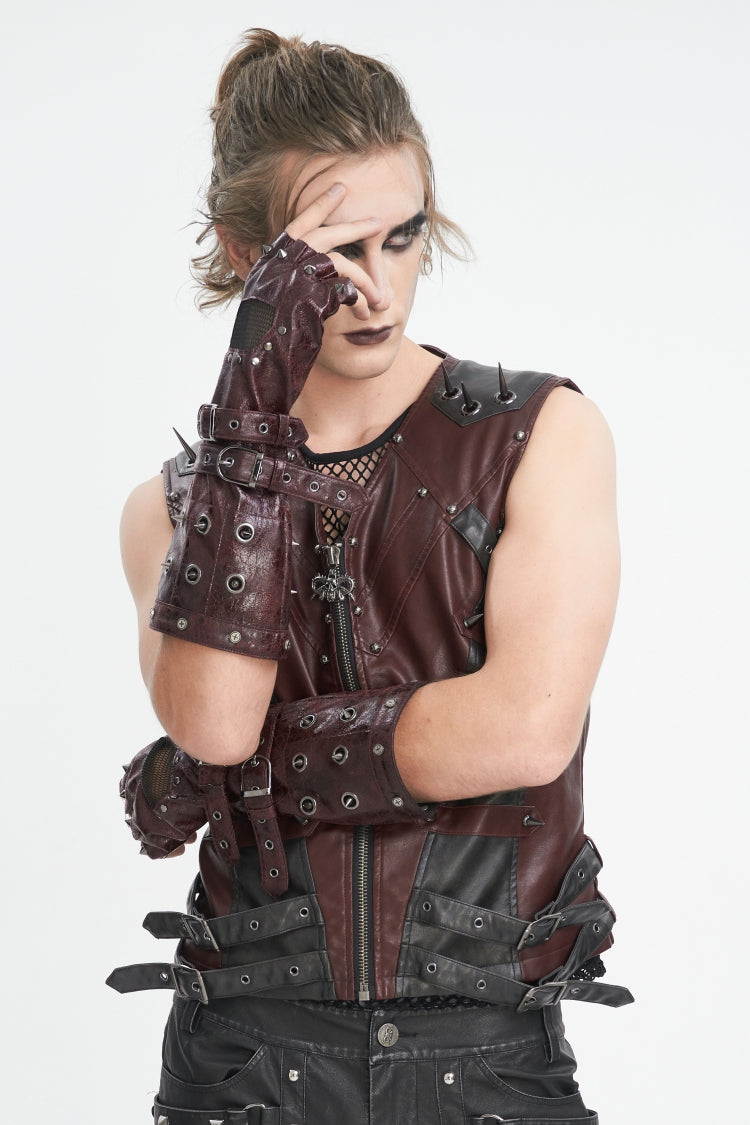 Red Spliced Mesh Studded Buckled Men's Gothic Accessory Half-finger Gloves - Product - 5