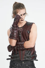 Red Spliced Mesh Studded Buckled Men's Gothic Accessory Half-finger Gloves - Product - 5