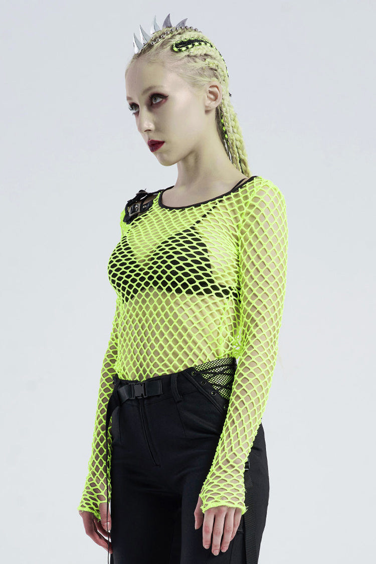 Green Long Sleeve Round Collar Shoulder Hollow Out Leather Hasp Coarse Mesh Women's Punk T-Shirt - Product - 2