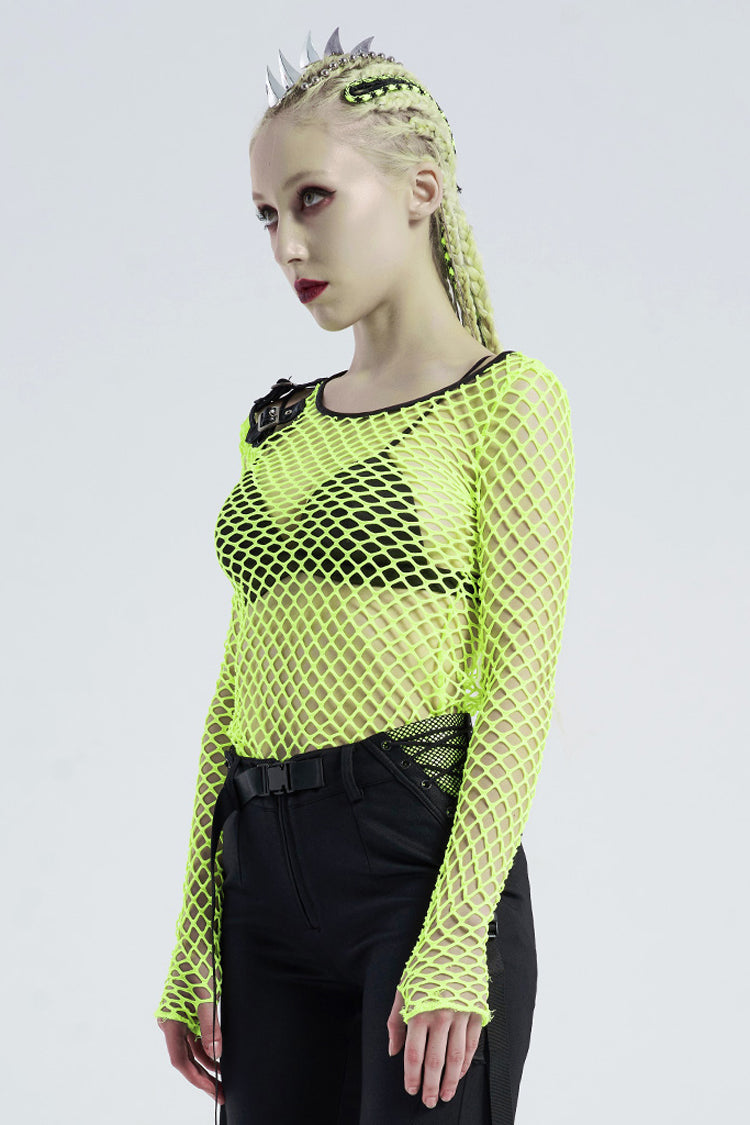 Green Long Sleeve Round Collar Shoulder Hollow Out Leather Hasp Coarse Mesh Women's Punk T-Shirt - Product - 2
