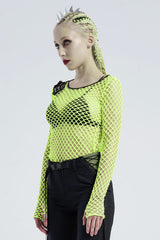 Green Long Sleeve Round Collar Shoulder Hollow Out Leather Hasp Coarse Mesh Women's Punk T-Shirt - Product - 2