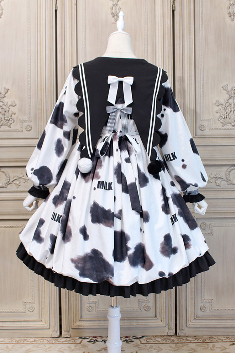 White/Black Navy Collar Headbow Ruffled Stitching Cow Print Sweet Lolita OP Dress - Product - 5
