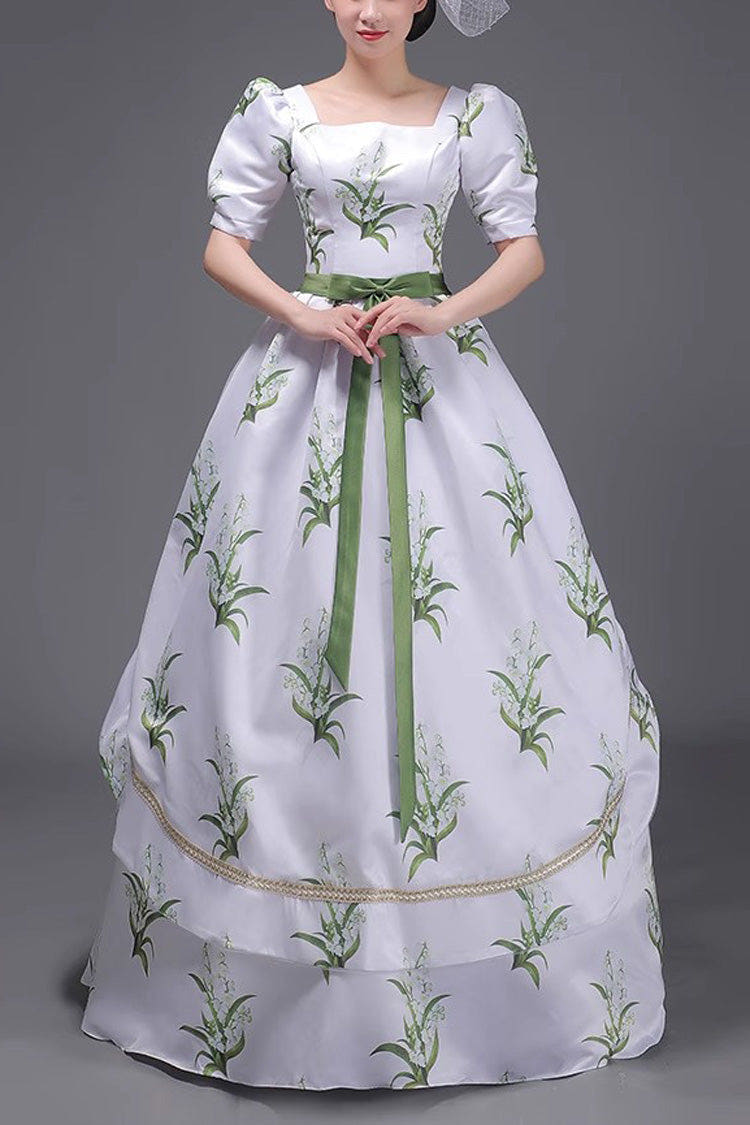 White/Green European Court Short Sleeves Flowers Grass Print Sweet Vintage Victorian Dress - White/Green - 1