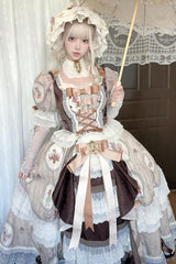 Brown [Baker Street Tea Party] Short Sleeves High Waisted Print Ruffle Embroidery Cardigan Bowknot Lace-Up Classic Vintage Princess Lolita Dress - Product - 2