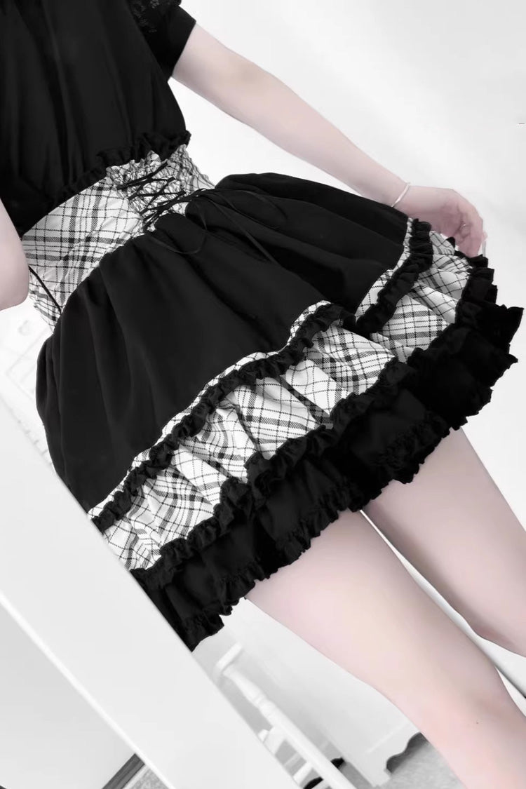 Black/White Navy Collar Short Sleeves Printed Ruffled Bow Jirai Kei Japanese Skirt and Blouse Set - Product - 6