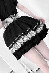 Black/White Navy Collar Short Sleeves Printed Ruffled Bow Jirai Kei Japanese Skirt and Blouse Set - Product - 6