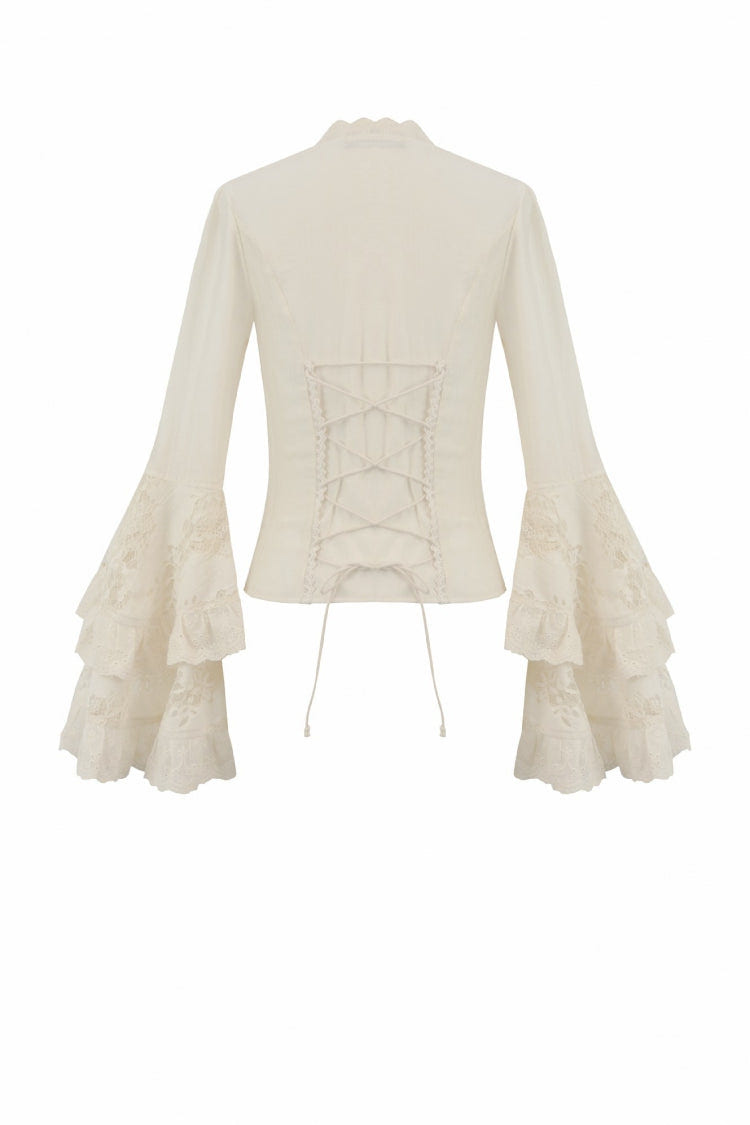 Beige V Collar Long Trumpet Sleeves Multi-Layered Lace-Up Women's Stempunk Blouse - Product - 12