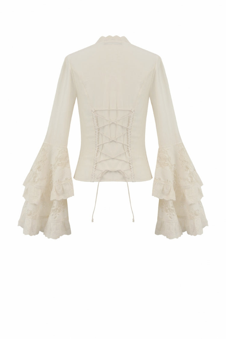 Beige V Collar Long Trumpet Sleeves Multi-Layered Lace-Up Women's Stempunk Blouse - Product - 12