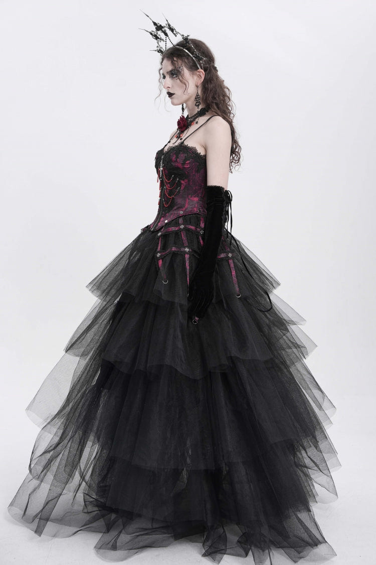 Red Sleeveless Embroidery Lace Chain Women's Gothic Vest - Product - 5