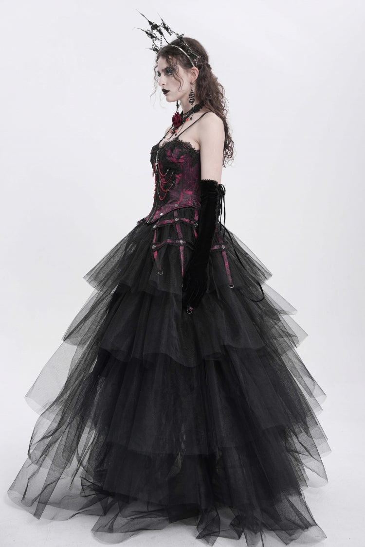 Red Sleeveless Embroidery Lace Chain Women's Gothic Vest - Product - 5