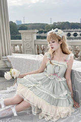 Green Floating Light Dance Multi-layer Ruffle Embroidery Bowknot Lace Sweet Lolita Jsk Dress - Product - 3