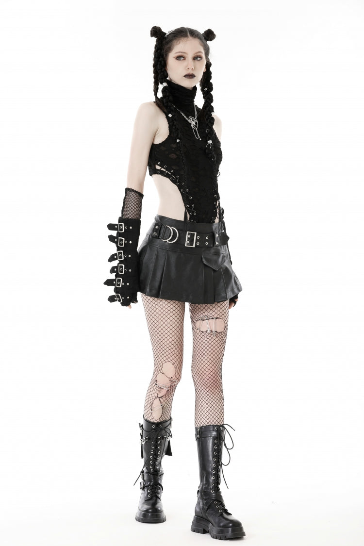 Black Faux Leather Metal Belt Buckled Pleated Women's Punk Mini Skirt - Product - 8