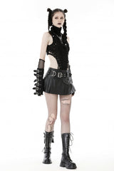 Black Faux Leather Metal Belt Buckled Pleated Women's Punk Mini Skirt - Product - 8
