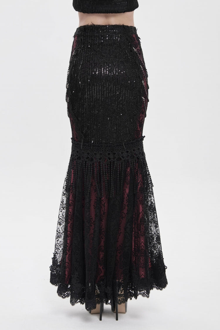 Black/Red Double-Layered Embroidered Lace Slim Pearl-Decorated Women's Gothic Skirt - Product - 7