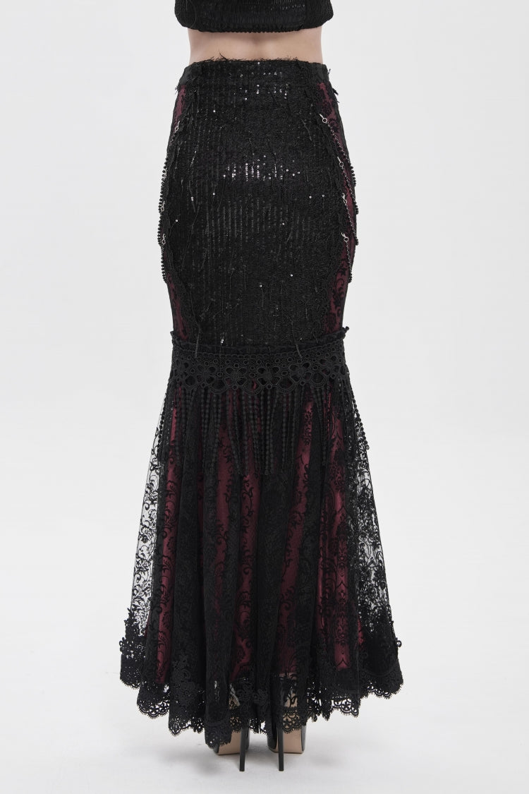Black/Red Double-Layered Embroidered Lace Slim Pearl-Decorated Women's Gothic Skirt - Product - 7