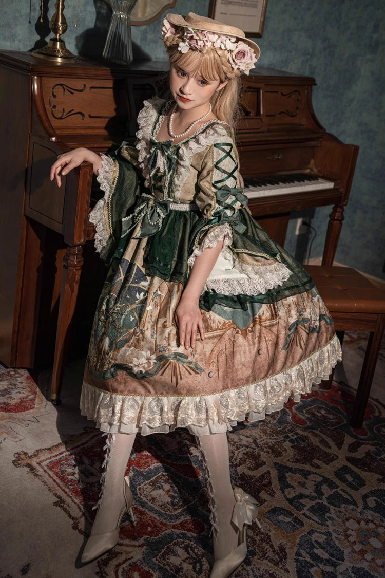 Green Gorgeous Short Sleeves Ruffle Bowknot Print Classic Lolita Dress - Product - 8