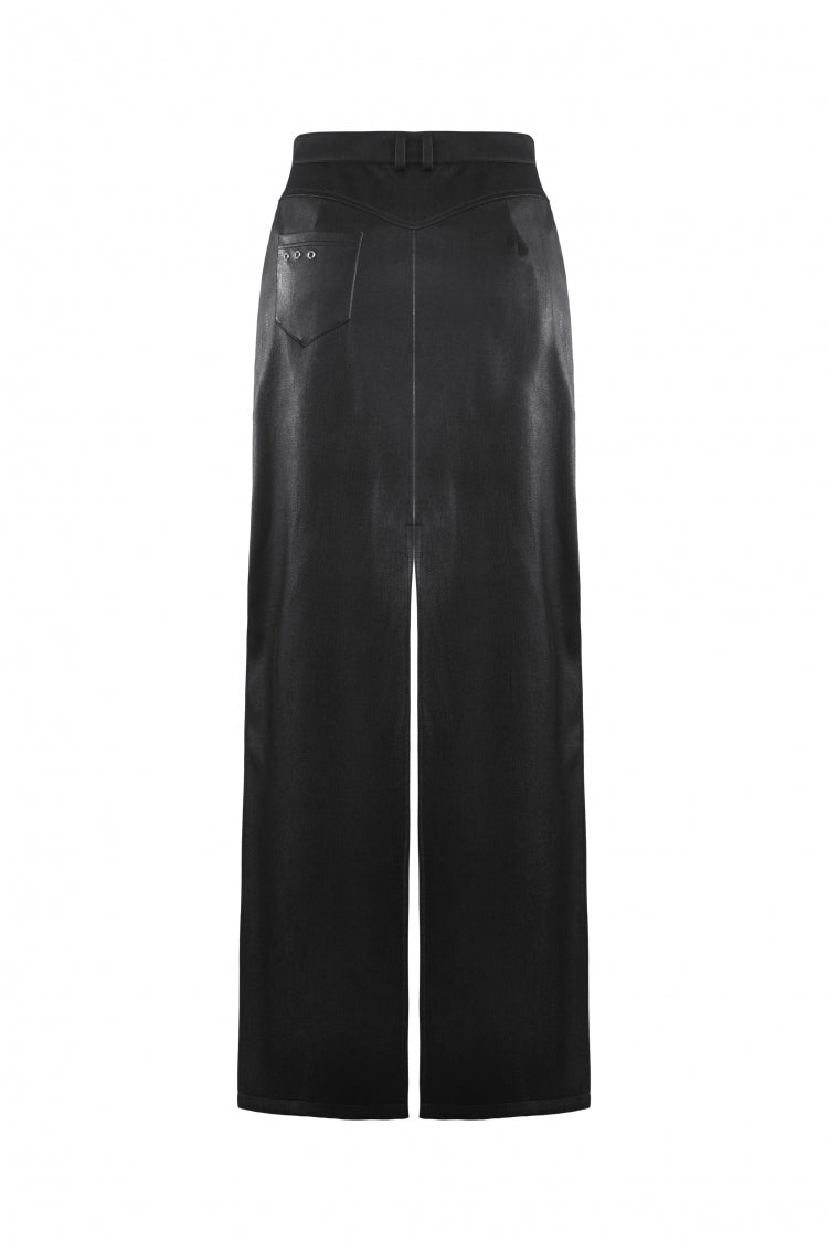 Black Leather Women's Punk Buckled Side Slit Irregular Hem Skirt - Product - 13