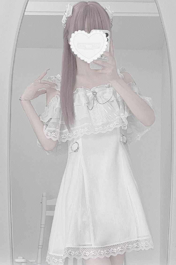 White [Pear Moon] Ruffle Bowknot Lace Jirai Kei Japanese Dress - Product - 3