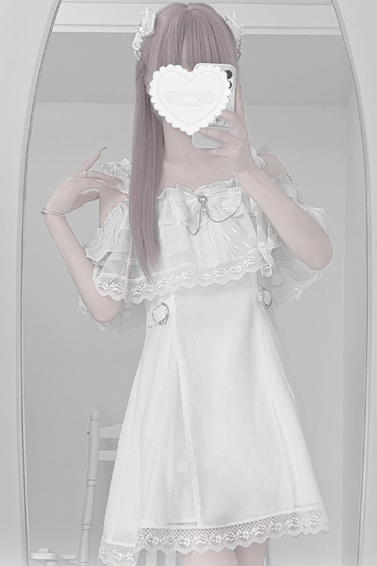 White [Pear Moon] Ruffle Bowknot Lace Jirai Kei Japanese Dress - Product - 3