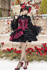 Black/Red Multi-Layered Ruffle Bowknot Lace Asymmetric Gothic Lolita Jsk Dress - Black/Red - 1