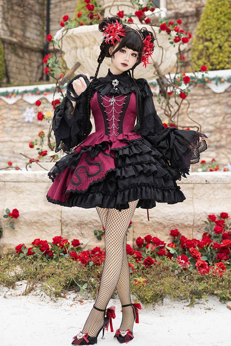 Black/Red Multi-Layered Ruffle Bowknot Lace Asymmetric Gothic Lolita Jsk Dress - Black/Red - 1