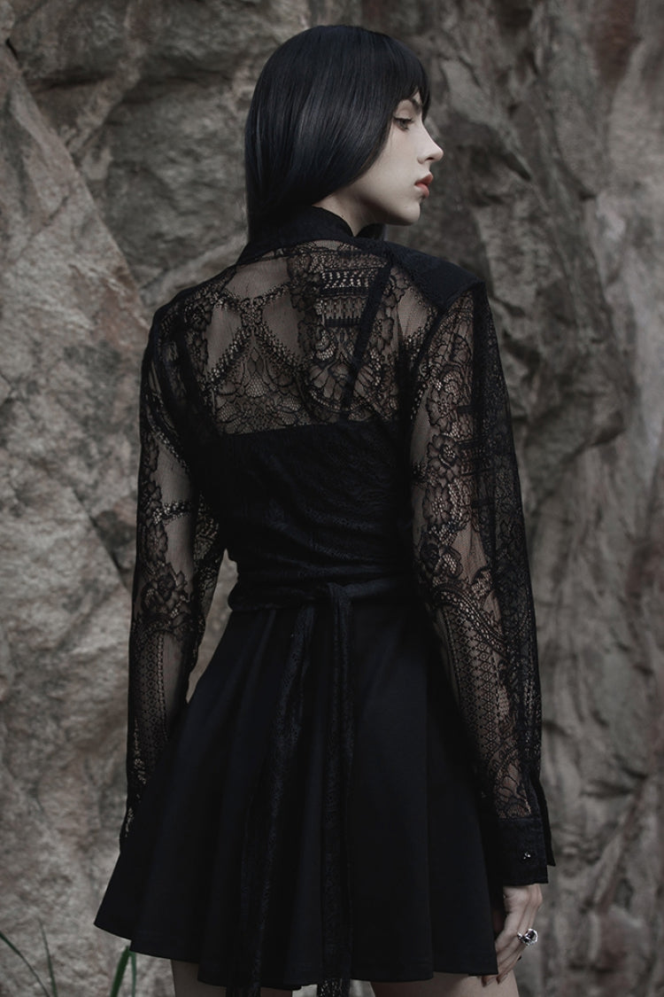 Black Long Sleeves Print Embroidery Lace Women's Gothic Shirt - Product - 2