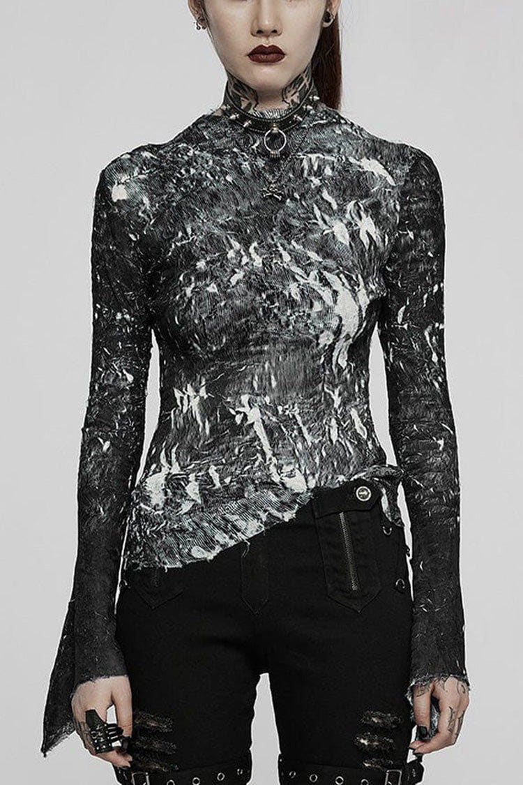 Black /White Punk Pleated Half Turtleneck Irregular Sexy Long Sleeve Lightweight Women's T-Shirt - Black/White - 1