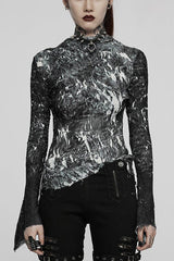 Black /White Punk Pleated Half Turtleneck Irregular Sexy Long Sleeve Lightweight Women's T-Shirt - Black/White - 1