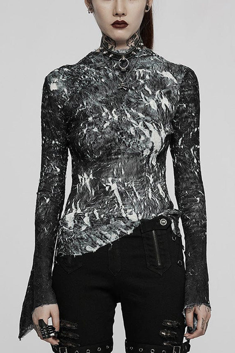 Black /White Punk Pleated Half Turtleneck Irregular Sexy Long Sleeve Lightweight Women's T-Shirt - Black/White - 1