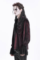 Wine Red V Collar Long Sleeves Lace-Up Chain Men's Gothic Blouse - Product - 5