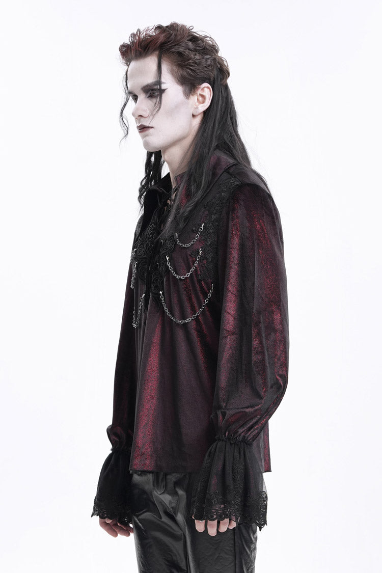 Wine Red V Collar Long Sleeves Lace-Up Chain Men's Gothic Blouse - Product - 5