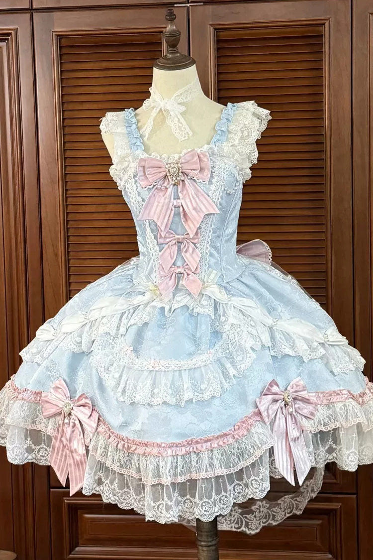Blue/Pink [Prelude of Ribbons] Square Collar Sleeveless Jacquard Ruffled Open-Front Bow Lace Pearl Detail Floral Wall Plus Size Sweet Lolita Jsk Dress - Product - 3
