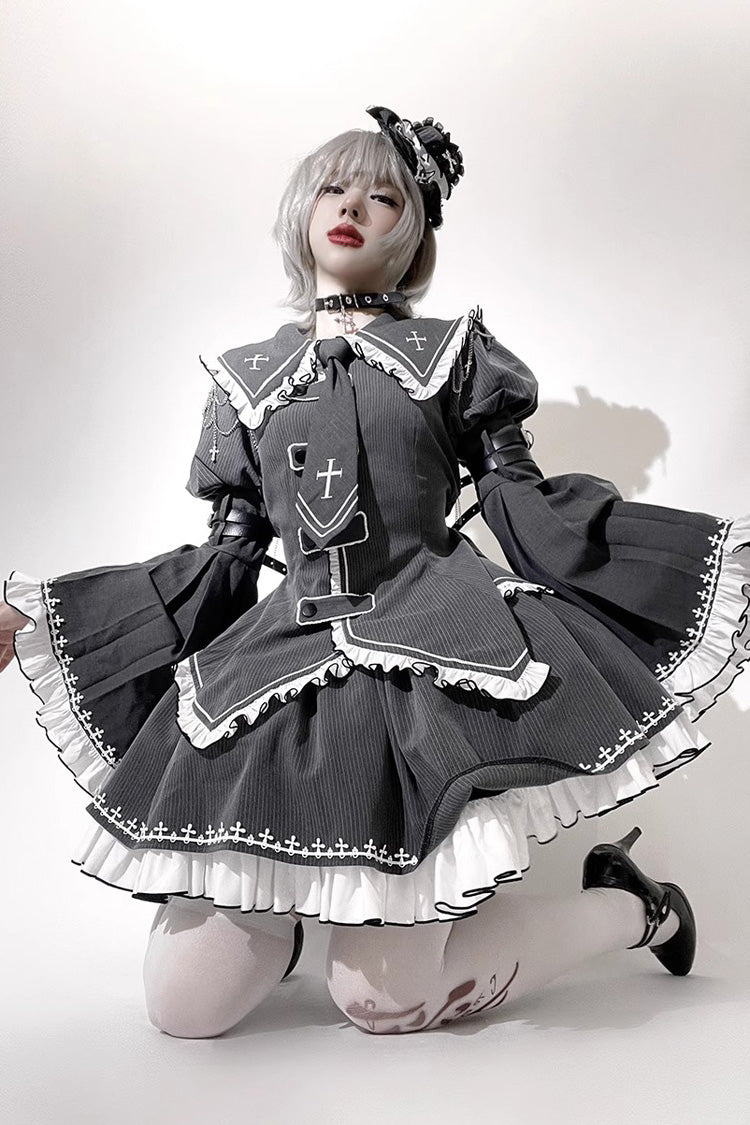 Grey Long Hime Sleeves Ruffle Embroidery Buckle Gothic Japanese Lolita Skirt Set - Product - 4