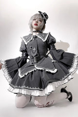 Grey Long Hime Sleeves Ruffle Embroidery Buckle Gothic Japanese Lolita Skirt Set - Product - 4